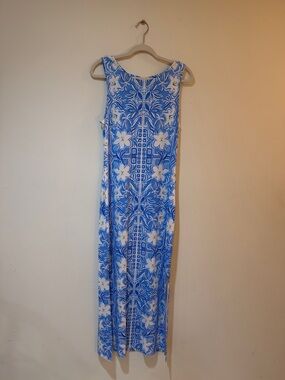 Lilly Pulitzer Blue and White Floral Boatneck Maxi Dress with Yellow Accents